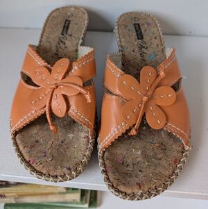 Tender Tootsies Women's Leather Sandals Flower Orange Cork Size 7 Y2K Whimsi